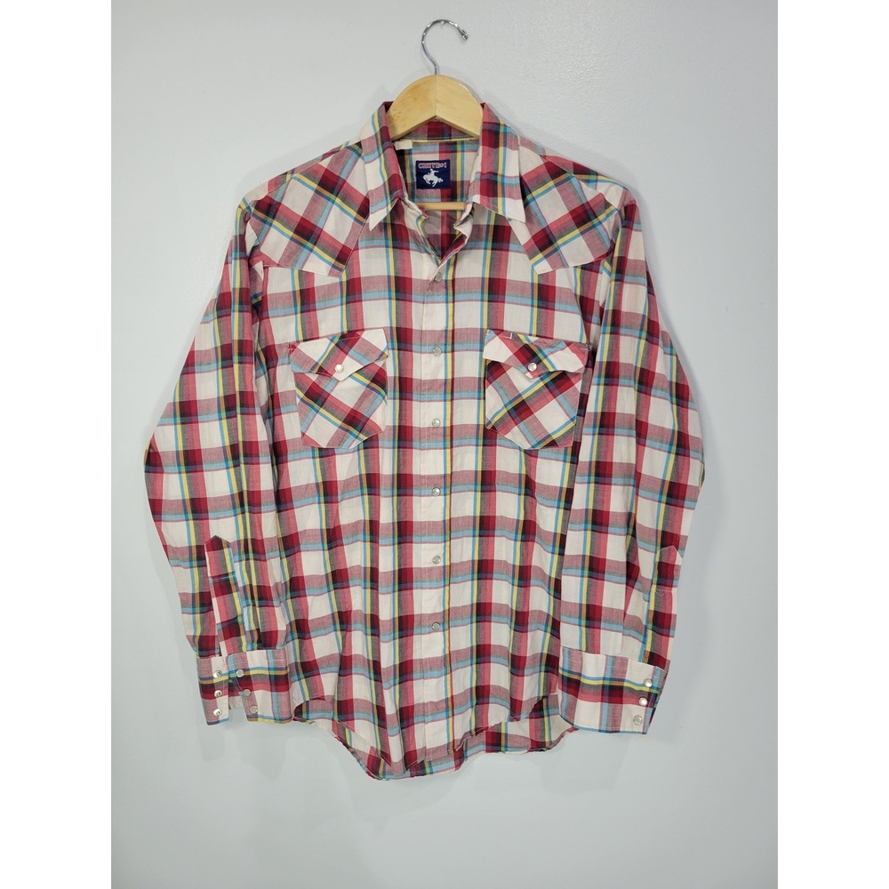 Chute #1 Mens Western Pearl Snap Shirt Red White Blue Plaid Long Sleeve‎ L